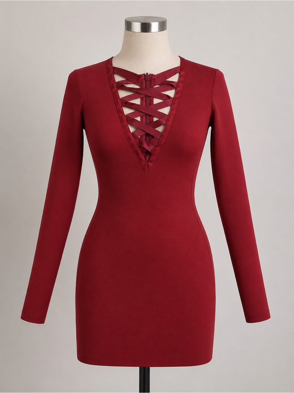 Herve Leger Long-Sleeve Crisscross V-Neck Bodycon Dress in Burgundy